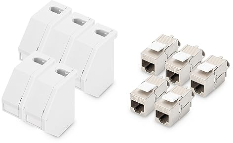 DIGITUS Hutschienen-Adapter – 5 Stück – Mit 5x Cat6A Keystone-Modul – 45° Gewinkelt – Beschriftungsfeld – Mit Erdungsfeder – Grau