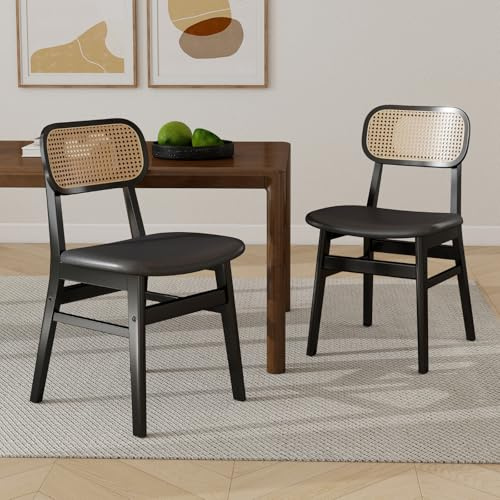 chairus 2er Set PU Leder Esszimmerstühle für Küchen Rattan Akzentstühle für Esszimmer Polsterstuhl mit Massivholzbeinen für Wohnzimmer (Schwarz-2)