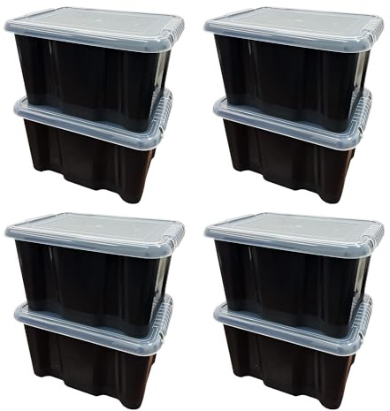 Pluto Packaging Strong Black 24L Home Office Stackable Nestable Boxes | for Bedroom & Garage Organising Storage Containers With Transparent Lids