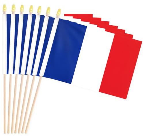 Französische Handflaggen, 12,7 x 20,3 cm, kleine Nationalflagge Frankreichs auf Holzstäbchen mit Speerspitze, Mini-Flagge für kulturelle Veranstaltungen, Bildungszwecke und nationale Feiern, 20 Stück