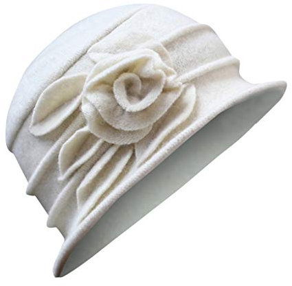 Cap Schwarz Damen Wolle Winter Flower Cloche Vintage-Eimer eleganter Damenhut Mütze Mützen Damen (White, One Size)