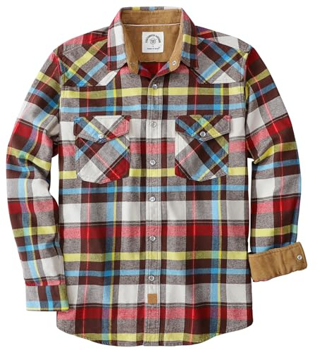 Dubinik® 6 oz Camisa Franela Hombre Western Vaquero Cuadros Camisas Manga Larga Camisa con Botones De Perlas Regular Fit Marrón Oscuro Y Azul L