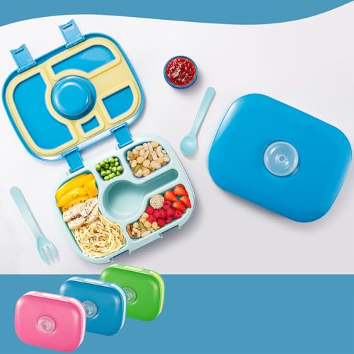 Qobobo® Fiambrera con compartimentos, sin BPA, fiambrera con 5 compartimentos y 1 caja de salsa y vajilla separados, fiambrera Bento Box ideal para guardería y escuela (azul)