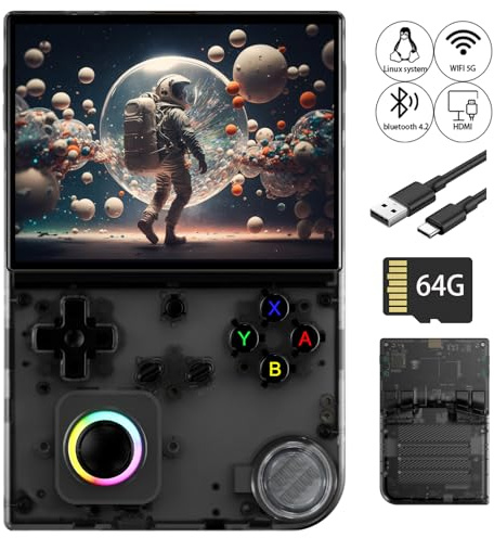 Ayhgicxt RG40XXV Retro Handheld Gaming Console with 4-inch IPS Screen 64G TF Card Linux System and 3200mAh Battery Supports 5G WiFi Bluetooth 4.2 HDMI Black Translucent