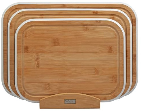 Cooks Professional 3 Piece Bamboo Chopping Board Set with Storage Stand | Durable Wooden Cutting Boards in 3 Sizes for Fruit, Vegetables, Meat, Bread | White Edging