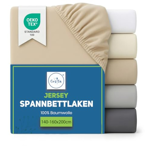 Cozita Basics Spannbettlaken 140x200cm - 100% Baumwoll Jersey Bettlaken, Öko-Tex Zertifiziert, bis 25 cm Matratzenhöhe – Beige