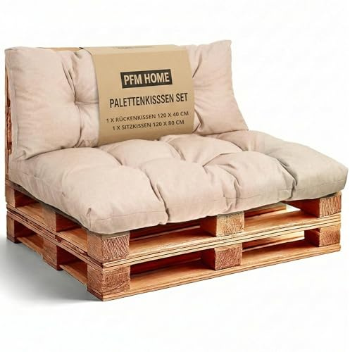PFM HOME Palettenkissen Outdoor-Kissen für Palettensofa Palettenmöbel Europaletten - Gartenkissen - 1 x Rückenkissen 120 x 40 cm + 1 x Sitzkissen 120 x 80 cm - Beige