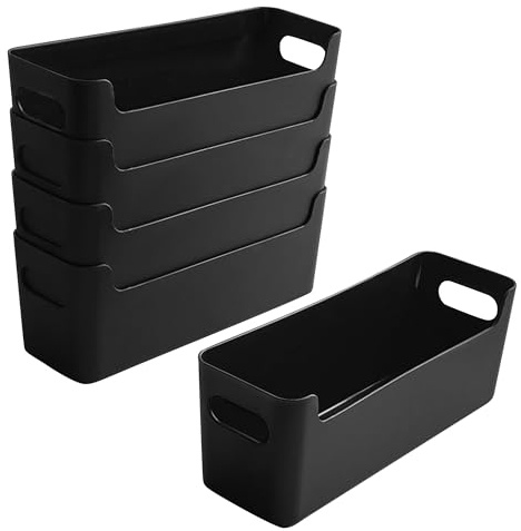LYLIDIA 5 Stück Ordnungsbox Kunststoff Aufbewahrungsbox Klein Schmal 24,5x7,5x9,5cm, Organizer Box Schwarz Niedrigeren Vorderseite, Körbchen Ordnungssystem für Bad, Küche, Büro, Regal (Schwarz)