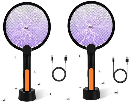 Bavmosek 4000V Elektrische Fliegenklatsche mit Ladestation, 2 in 1 USB mit Akku Aufladbar Elektro Mückenklatsche mit Lichtfalle Moskito Schwarz (Schwarz 2 STK)