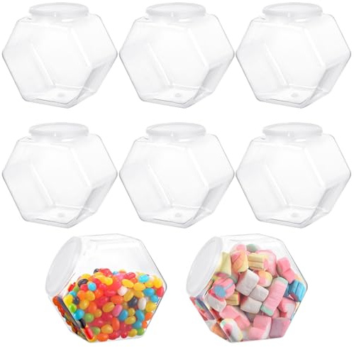 SWEWARM 8 barattoli esagonali in plastica trasparente, con coperchio, riutilizzabili, per caffè, caramelle, snack, biscotti, dolcetti per cani, cialde di caffè (850,5 g)