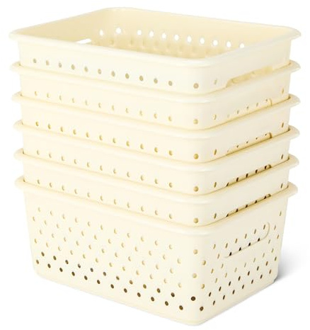 Amazon Basics Decorative BPA-Free Plastic Storage Baskets, 9.9 x 7.4 x 4.16, Ivory, Pack of 6