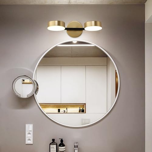 Mengjay LED Spiegelleuchte Bad Wandlampe,8W Gold Spiegellampe Badezimmer Lampe Wand 3000K/4000K/6000K,Modern Innen Wandlampe Rund ür Wohnzimmer Schlafzimmer Flur Badzimmer (2 Lichter)