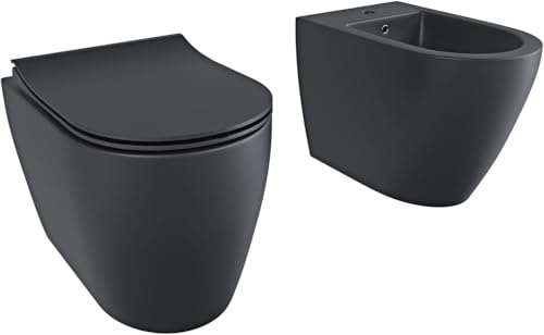 BRICOZONE Coppia Sanitari Filomuro Vaso WC Rimless Senza Brida E Bidet In Ceramica Filo Muro Filo Parete Design Moderno Con Copriwater Chiusura Soft Close Chiusura Rallentata (Nero opaco)