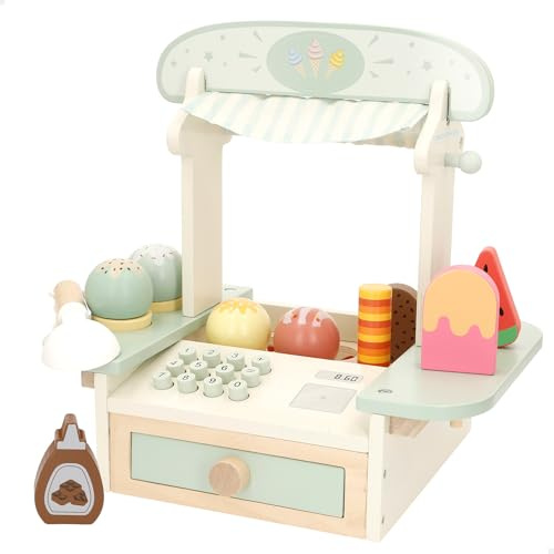 WOOMAX Heladería de Madera con 11 Piezas, Mostrador, Conos, Bolas de Helado, Frutas y Cuchara, Juguete simbólico FSC, 30x21x30 cm, Desarrollo Habilidades, Niños Desde 24 Meses (39244)