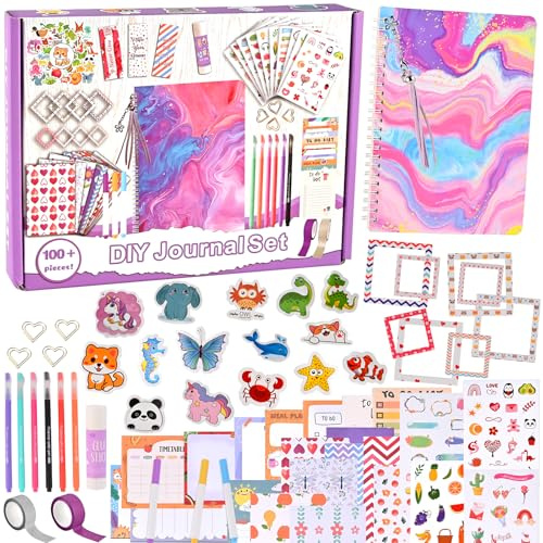 GOLDGE DIY Tagebuch Set für Mädchen ab 8 Jahren, Kreatives Geschenk | 109-teiliges Scrapbook Bastelset mit Notizbuch, Stickern & Zubehör zum Gestalten von Planer, Fotoalbum & Erinnerungsbuch