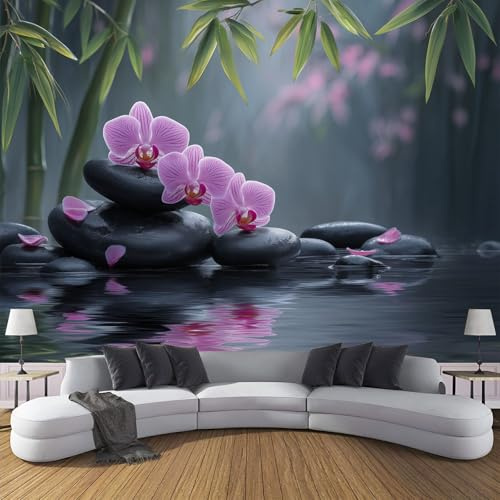 DLERFLOVR Mural Papier Peint Orchidée À Feuilles De Bambou Papier Murale Style Zen Papiers Peints Panoramique pour Salle de séjour Chambre à coucher séjour Décoration, 250x175cm, Gris