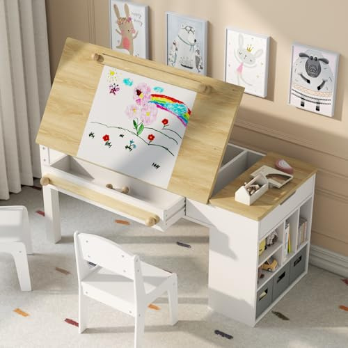 Gyfimoie Kids Art Table and 2 Chairs Set,3 in 1 Wooden Craft Desk with 2 Drawers,3 Fabric Drawers,Storage Shelf,Paper Roll,Learning and Reading, Activity Play Desk for Home