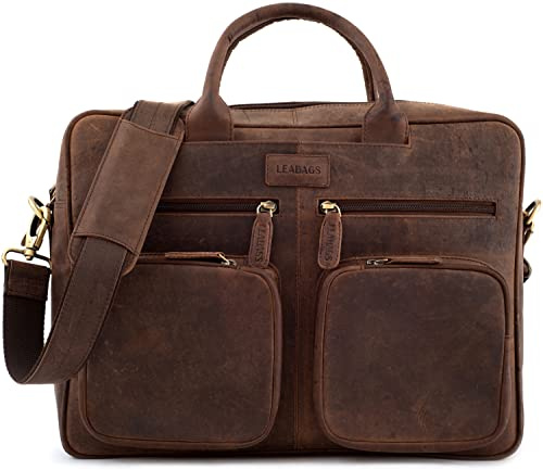 LEABAGS Dallas axelväska av äkta buffelläder i vintagelook I laptopväska upp till 15 tum I affärsväska I läderväska I axelväska I portfölj I 38 x 29 x 12 cm