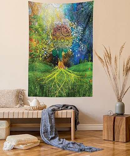 ABAKUHAUS Ethnisch Wandteppich und Tagesdecke, Mutter Erde Theme aus Weiches Mikrofaser Stoff Waschbar ohne Verblassen Digitaldruck, 140 x 230 cm,Grün blau