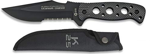 Cuchillo K25 Funda Hoja 13,5 cm para Caza, Pesca, Camping, Outdoor, Supervivencia y Bushcraft K25 31824 + Portabotellas de regalo