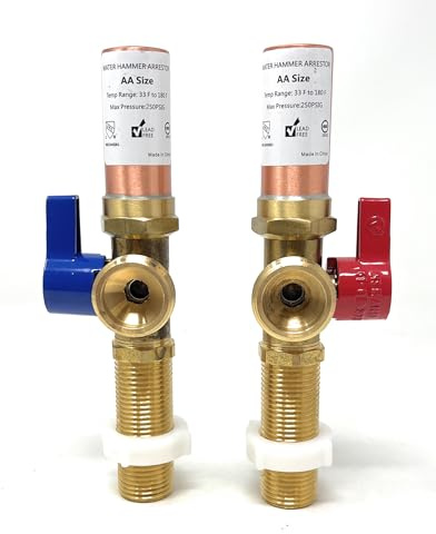 Washing Machine Valve, Brass 1/2 MIP Inlet x 3/4 MHT Outlet, Quarter Turn Shutoff and Hammer Arrestor, Red and Blue Handle for Hot-and-Cold water.