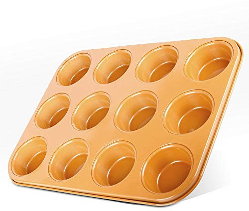 LavoHome Muffinform aus Kupfer, Keramik, antihaftbeschichtet, massives Aluminium, für 12 Muffins, Cupcakes, Popovers, Yorkshire-Puddings