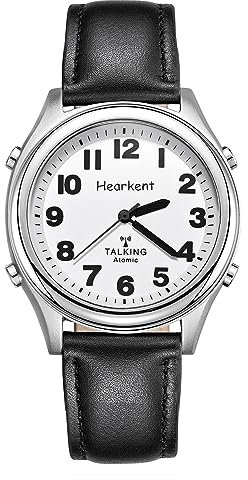 Hearkent Radio Controlled Talking Watch with Black Leather Strap British English Speaking for Blind People and Visually Impaired Elderly (Leather Band)