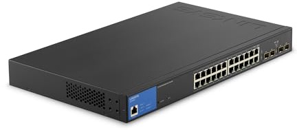 Linksys 24 Port Gigabit Managed Network Switch with 4 x 1Gb Uplink SFP Slots - POE / POE+ Ports, QOS, Static Routing, VLAN, IGMP Features - Metal Housing, Desktop or Wall Mount - LGS328PC