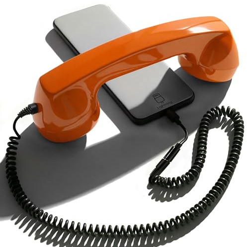 Opis Technology 60s Micro Lightning Edition Telefonhörer, Orange | Zertifiziert für iPhone 7 bis 14. Spiralkabel, angenehmer Hörer, im Stil alter Telefone.
