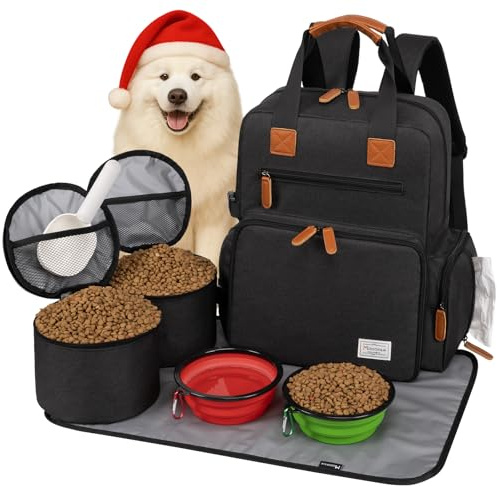 Modoker Hunde-Reisetasche, von Fluggesellschaften zugelassener Rucksack für Haustierzubehör Organizer, Tote Wochenendtasche mit 2 Hundefutter-Aufbewahrungsbehältern, 1 Haustiermatte, Schwarz