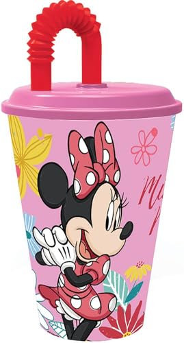 Disney Bicchiere rosa e rosso per bambine in plastica Minnie 430 ml con cannuccia e coperchio flessibile