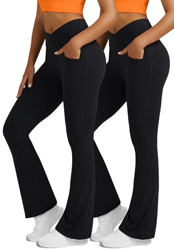 Boerfmian Flare Leggings for Women with Pockets 2pack High Waisted Crossover Flare Leggings Bootcut Yoga Pants Black-Black