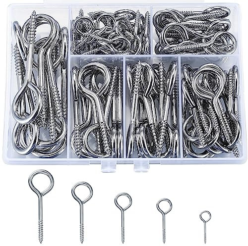 SZSLMY 105 Pcs Screw in Eye Hooks, Screw Eye Pins Hook, Eyelet Screws, Hooks and Eyes Set for Wood, Ring Wall Hangers, 25mm/35mm/40mm/50mm/65mm