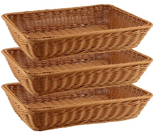 MANCHAP 3 PCS 40 x 30 x 8cm Rectangular Poly Wicker Bread Basket, 15.7 x 11.8 x 3 Inch Imitation Rattan Woven Basket, Wicker Fruit Serving Baskets for Storage, Display