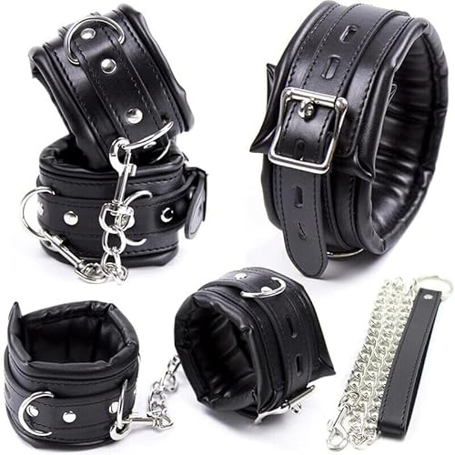 Schwarz Leder Handschellen Fußschellen Halsbänder Bondage Set Erotik Extreme Beschränkung SM Sexspielzeug für Damen Männer (Bondage Set)