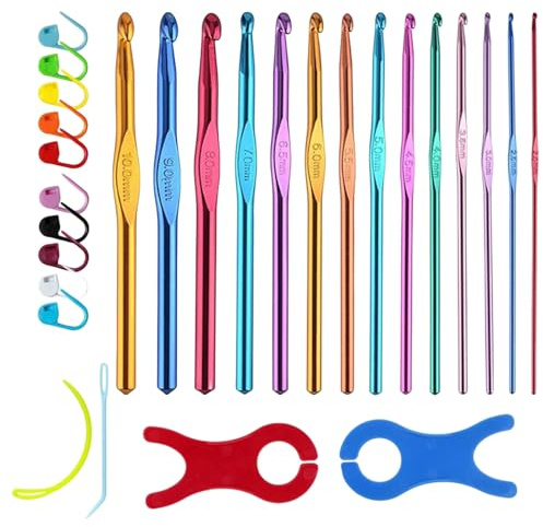 28 Stück Häkelnadel Set, 14 Stück 2.0-10.0mm Aluminium Stricknadeln, Metall Tunesische Häkelnadel Crochet Hook Stricken Werkzeuge Zubehör für Anfänger Oder Profis (28 Stück)