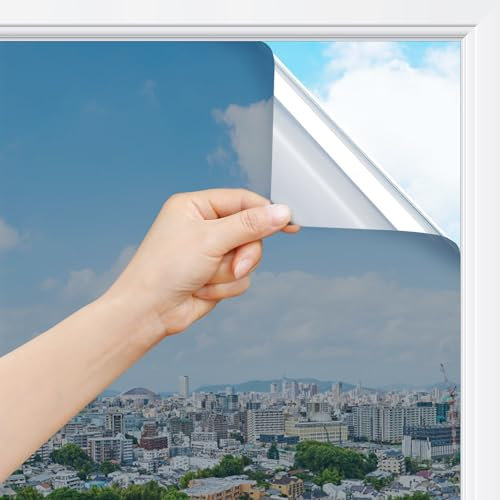 rabbitgoo Spiegelfolie Fenster Sichtschutz, Einseitig Fensterfolie Blickdicht von außen Silber 75x400cm, von innen durchsichtig Selbstklebend Sonnenschutzfolie UV Schutzfolie Sichtschutzfolie