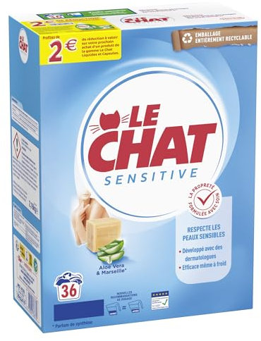 Le Chat - Sensitive – Lessive en Poudre – Respecte les Peaux Sensibles - Développé avec des Dermatologues - Efficace même à Froid – Savon de Marseille & Aloe Vera - 36 Lavages