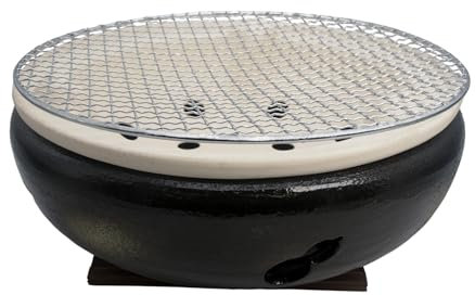 Estufa de agua japonesa para barbacoa de carbón vegetal – con rejilla de metal y base de madera – 11.8 x 11.8 pulgadas – Fabricado en Japón