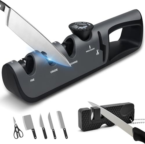 BOCHION Professional Knife Sharpener, 4 in 1 Manual Knife Sharpeners with Adjustable Angle Knob and Pocket Sharpener, Ergonomic Design Kitchen Knives and Scissors Sharpener, Non-Slip, Black Grey