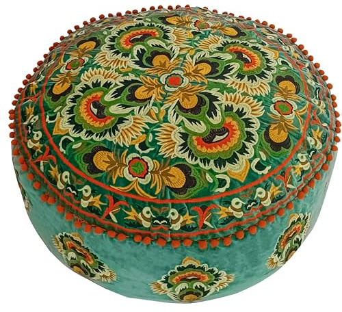 Mandala Life ART Green Round Velvet Pouf Cover - Soft Embroidered Ottoman Slipcover with Moroccan Design, 24 Inch Diameter, Ideal for Living Room, Bedroom, or Meditation Space - Floow Pillow Cushion