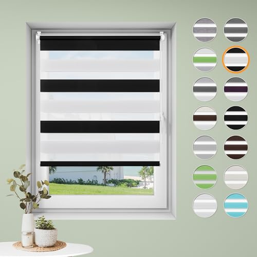 Sanfree Doppelrollo klemmfix ohne Bohren Duo Rollos für Fenster ohne Bohren Weiß-Schwarz B45 x H130cm-Stoffbreite 41cm Fensterrollo Klemmrollos für Fenster und Tür Sonnenschutz & Sichtschutz