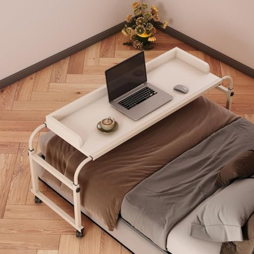 ZHFASDS Table De Lit A Roulette，Table Mobile RéGlable en Hauteur Et en Longueur Table MéDicale Roulante De Bureau De Plateau De Nourriture Ordinateur Extensible à Lit Croisé Table(Color:Blanc)