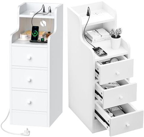 Chleby Set di 2 Comodino Stretto con Prese e Porte USB, Comodini Stretti con 2 Scomparti a Giorno e 3 Cassetto, Comodino Salvaspazio 25x35x70cm, per Camera da Letto, Soggiorno