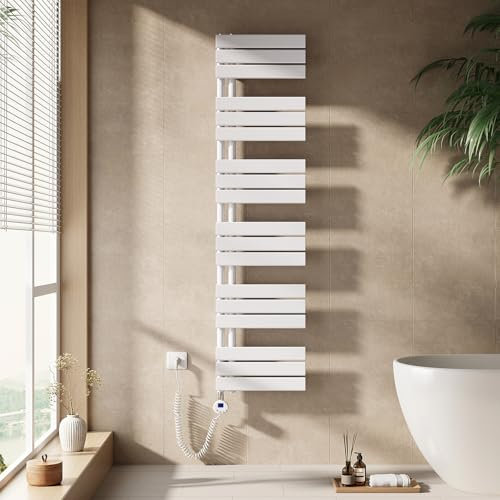 EMKE Handtuchheizkörper Elektrisch mit Thermostat 1599x400 mm, Badheizkörper Handtuchhalter Elektrisch Handtuchwärmer Handtuchtrockner Handtuchheizung mit Heizstab Weiß 800W