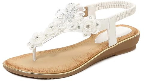 Momolaa uk 4.5 Sandals Womens Bling Diamante Glitter Shoes Summer Flat Slip On Wedges Sandal Toe Post Bohemian Walking Sandal Ladies Flip Flops A1_White_SALES Clearance