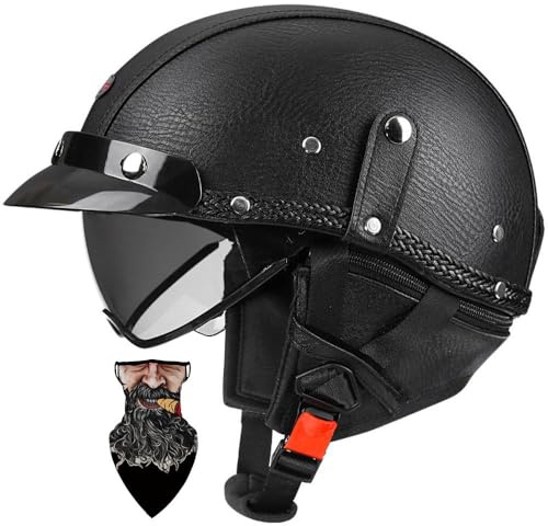 Retro Leder Halbschalenhelm ECE-zertifizierter -Design mit Hochfestem ABS PC-Visier - Abnehmbares Innenfutter, Schnellverschluss, für Chopper/Moped/Roller - HerrenDamen (C, XXL61~62CM)