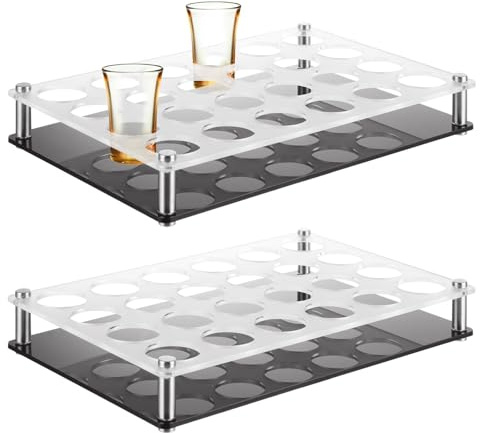 STARVAST 2 PCS 24 Shot Glass Holder, Acrylic Shot Glass Tray Holder for Party, Tequila Glasses Server Tray Cup Organizer for Bar, Club & Family Gathering, Black & Clear (Hole: 1.2)