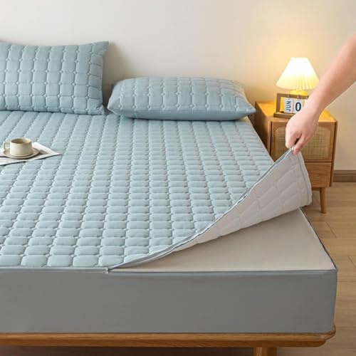 TYYUETY Coprimaterasso Matrimoniale con Cerniera, coprimaterasso Spesso, coprimaterasso Traspirante-Cyan- 90x190+21cm