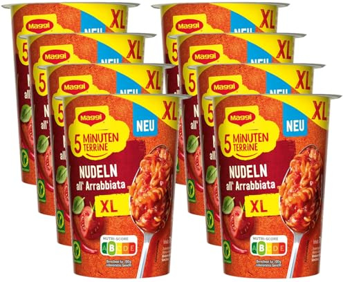 MAGGI 5 Minuten Terrine XL Spaghetti All Arrabbiata, leckeres Fertiggericht, Instant Nudeln, 8er Pack (8 x 81g)